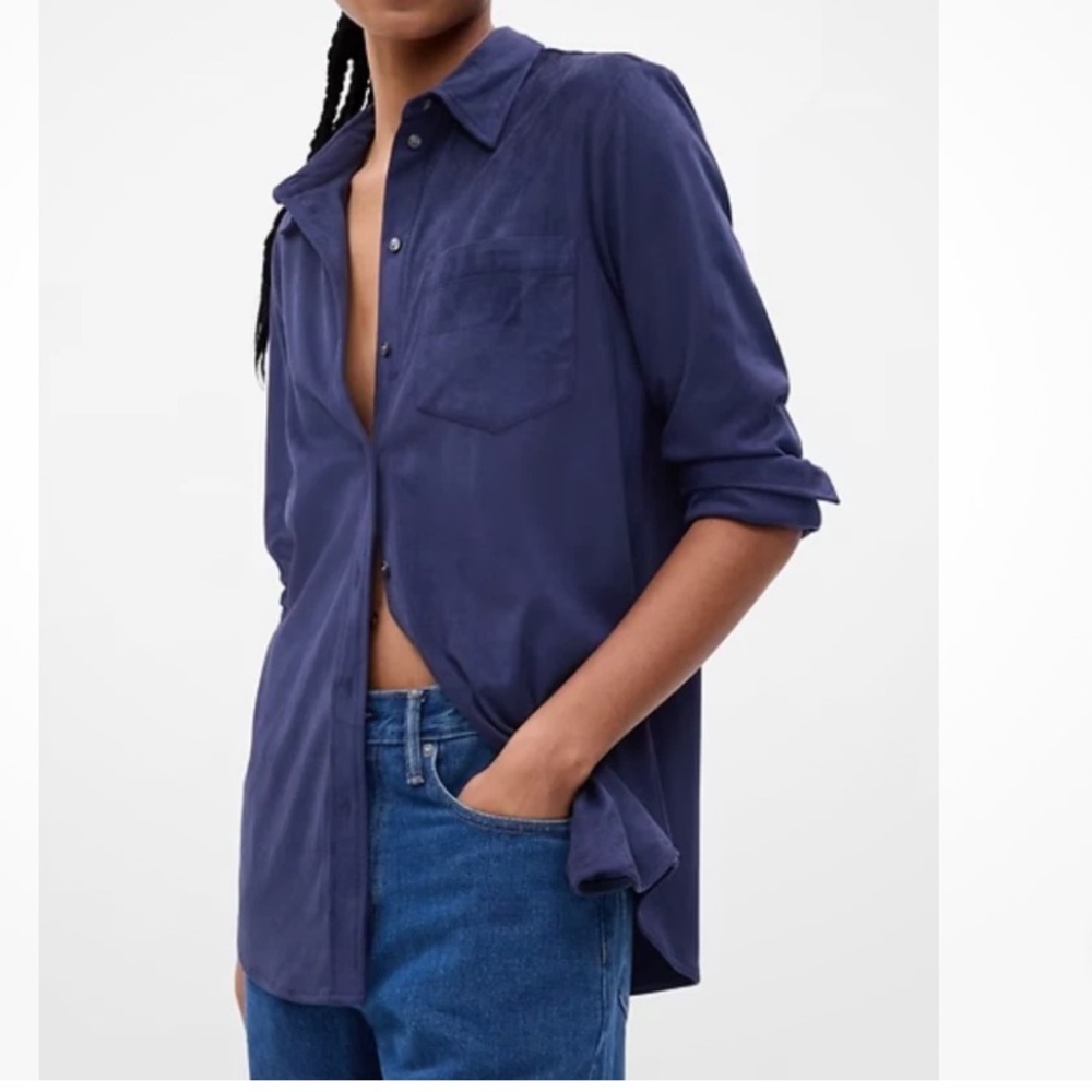 GAP Faux-Suede Boyfriend Oversized Shirt Shacket in Navy Blue Size Medium Tall